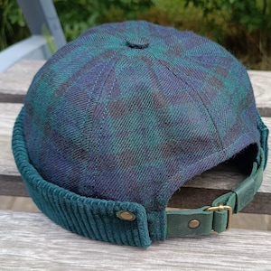 Handmade Wool Tartan Docker Hat | Blue Green Brimless Cap | Cotton Twill Lining