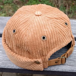 Lined  Brimless  Docker Hat made from Cognac Corduroy and Pale Brown Leather