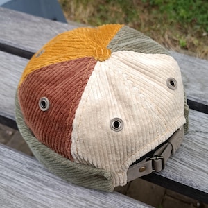 Brimless Multicolor Corduroy Docker Cap in Patchwork Style | Grey Leather
