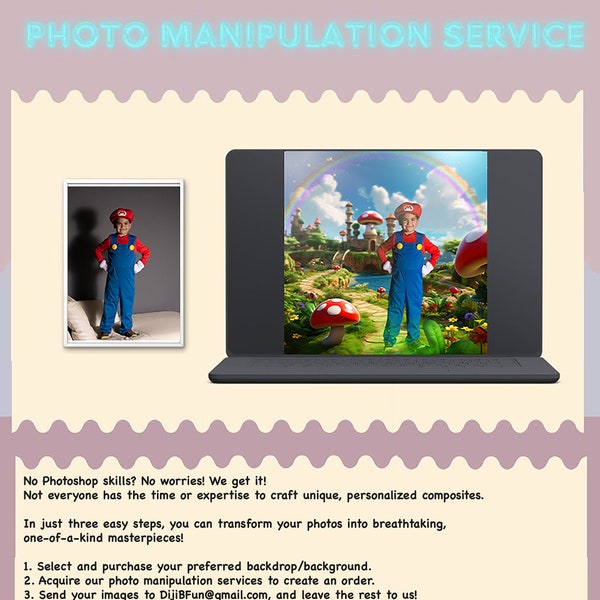 Transform your photos with our expert manipulation & composite service! Buy a backdrop purchase this service and send us your picture!
