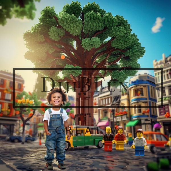 Easy to use digital background backdrop for photography composites fun building block city land town colourful toy block city with figurines