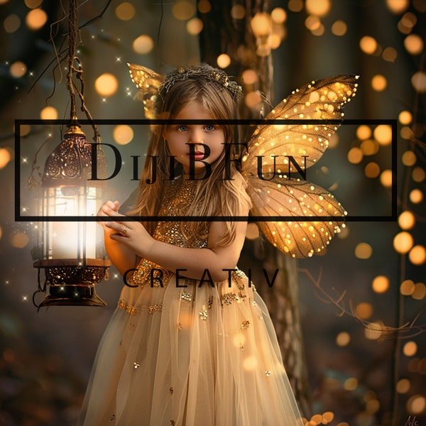 Easy to use digital backdrop background for photography composite beautiful pixie fairy wings with lantern in enchanted forest fairytale