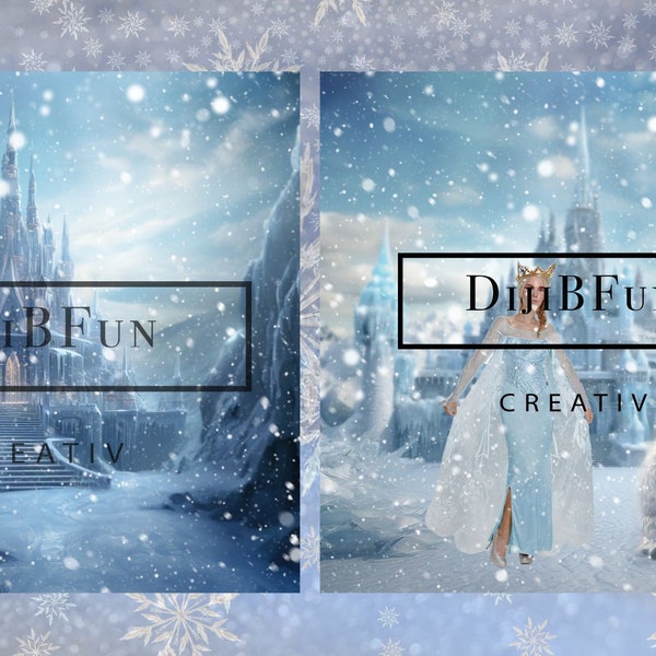 Easy to use Digital Backdrop Background bundle, 2 Frozen Theme Images. Fun Snow Castle Snow monster and Falling Snow Overlay fun Composite