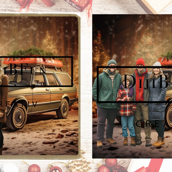 Easy to use digital backdrop background for photography composites Christmas Vacation Theme Image with vintage Chevrolet Caprice woody wagon