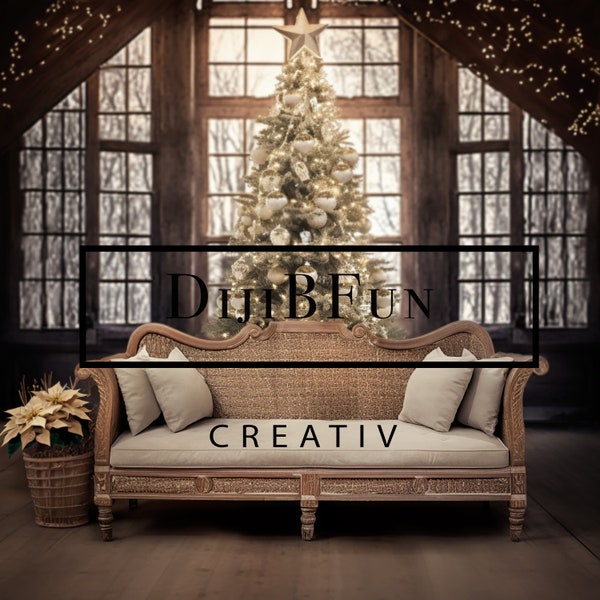 Beautiful and easy to use digital backdrop background rustic Christmas gold Christmas tree holiday portrait rustic chic Christmas couch sofa