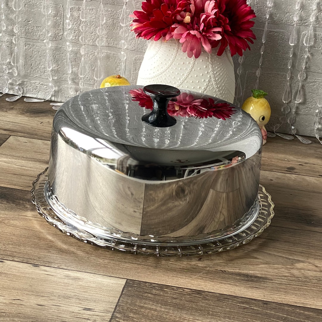 Vintage Glass Cake Plate With Chrome Cover Etsy