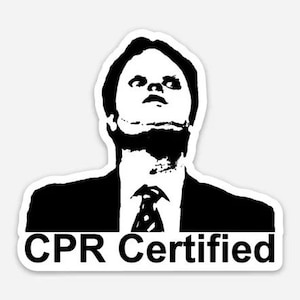 May include: Black and white illustration of a man with a surprised expression, looking upwards. The text "CPR Certified" is below the image.