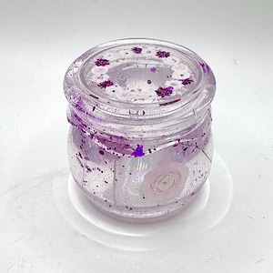 Crystal Clear Flower Jar with Purple Glitter & Floral Wreath Lid - Gorgeous Purple Sticker Wrap - Stash Jar - Unique Birthday Gifts