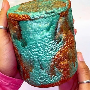 Handmade Teal and Copper Resin Container with Flameless Candle – Unique Glowing Home Decor & Trinket Holder - Birthday Gifts For Women