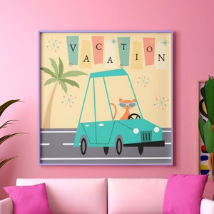 Mid century modern wall art 1950&#39;s atomic cats on vacation hanging canvas beach house mod 50&#39;s home decor or teen girl art housewarming gift