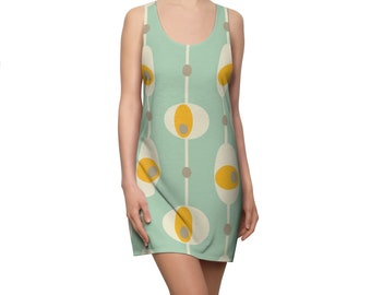 Hippie Retro beach dress mustard and green tank mini dress 60s geometric Print summer vacation dress for teens & women mod gift idea for her