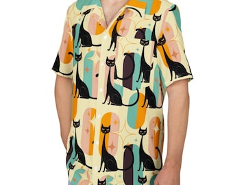 Retro Atomic Cat Hawaiian Shirt: Funky MCM Unisex Beachwear