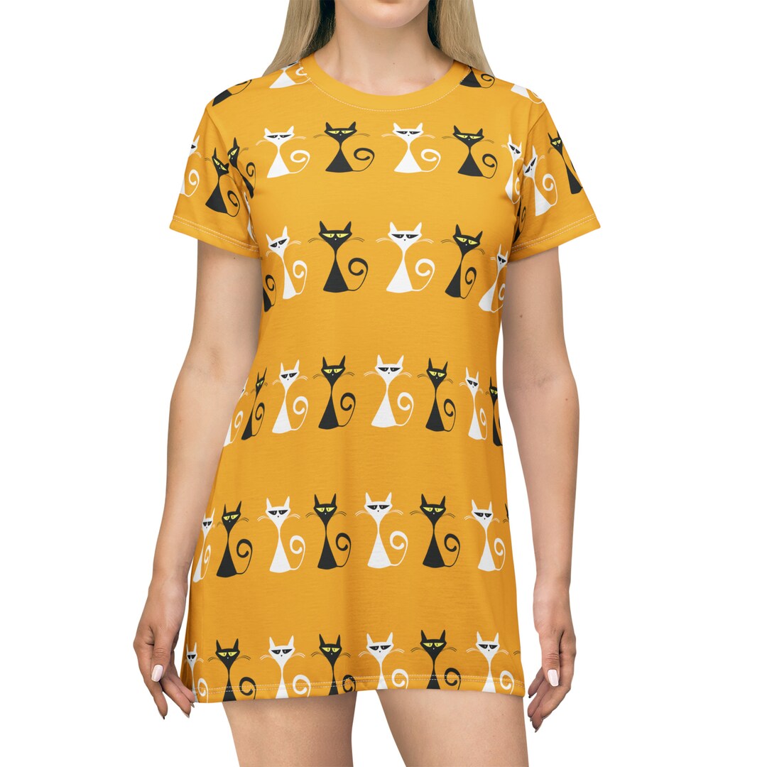Mini Dress With Groovy Atomic Cat Design Gift for Her Mini Tee Shirt