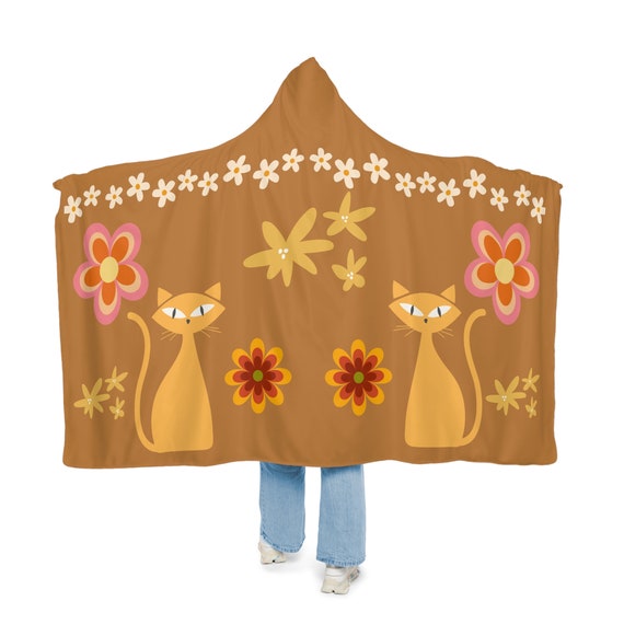 Snuggle Hoodie Blanket With Retro Atomic Cat Groovy Flower Print