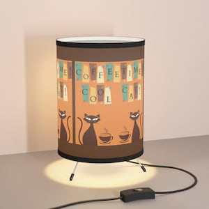Tripod Lamp with retro Atomic cat & coffee theme kitchen decor gift groovy hipster lamp with orange and brown tones mod table lamp gift idea