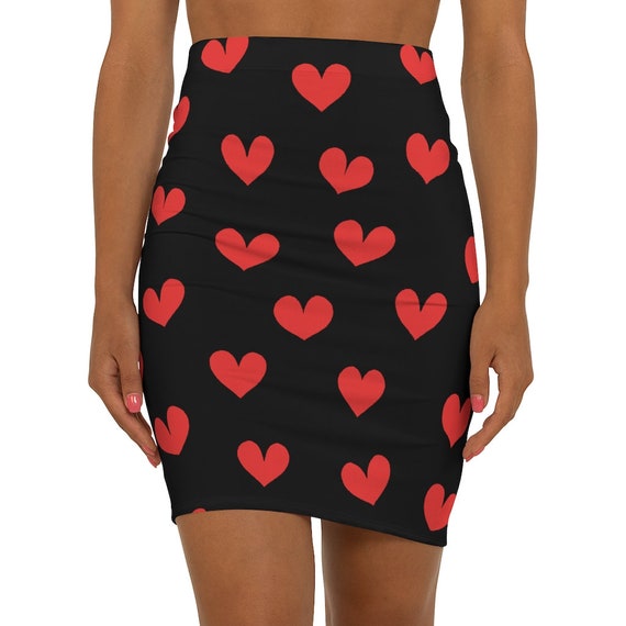 katieケイティ☆WINTER HEARTS flared miniskirt Red Heart Print Mini Skirt: Valentine's Day Pencil Skirt - Etsy