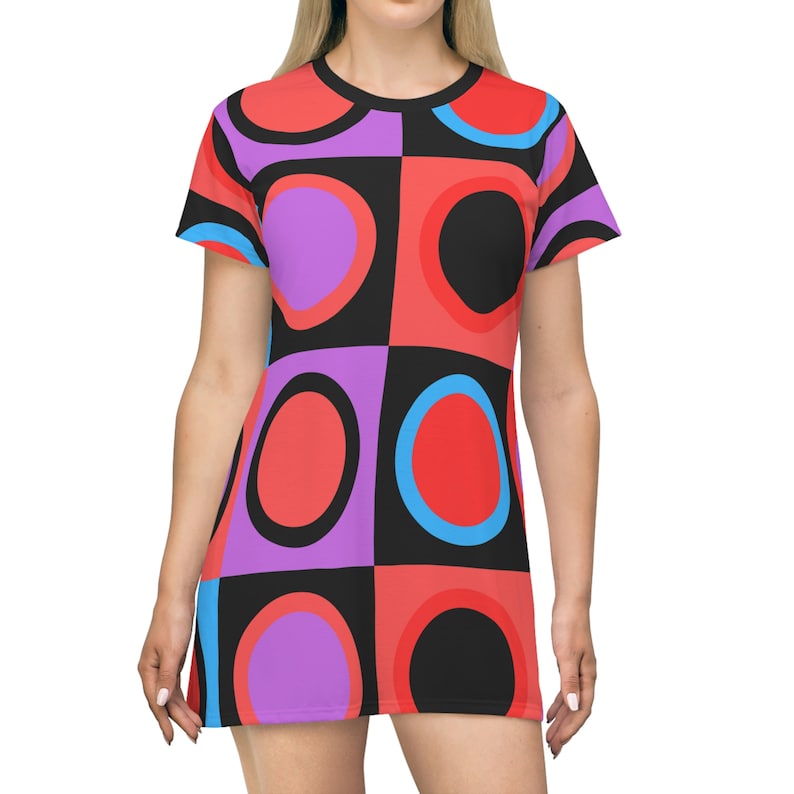 60s Mod Mini Dress: Geometric Print Retro T-Shirt Dress image 1