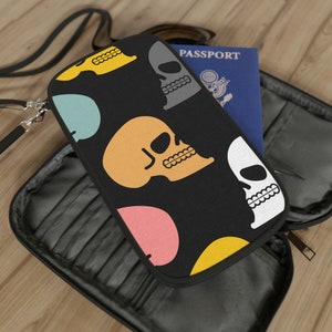 Cartera de pasaporte de calavera gótica con estuche con cremallera y cartera de varios compartimentos con diseño de calavera gótica colorida con correa desmontable regalo para ella
