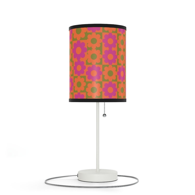 Retro hippie print table lamp 60s groovy flower print pink orange & green nightstand lamp or desk lamp funky hippie flower print lamp gift image 6
