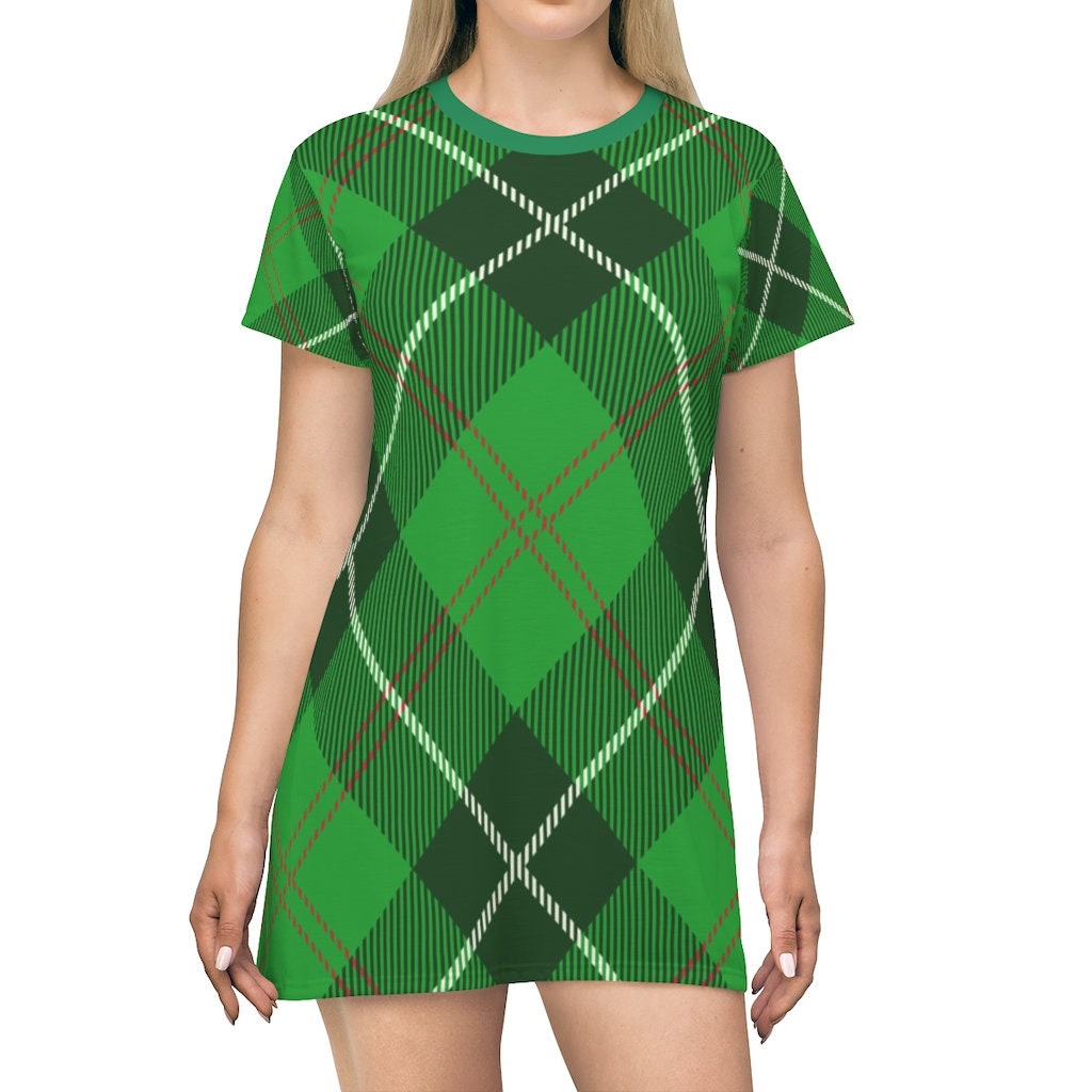 Green Plaid Christmas T-Shirt Dress: Holiday Party Mini Dress