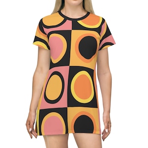 Women's retro T shirt dress vintage geometric pattern groovy 60's mod dress gift for her hippie dress funky retro circles party mini dress