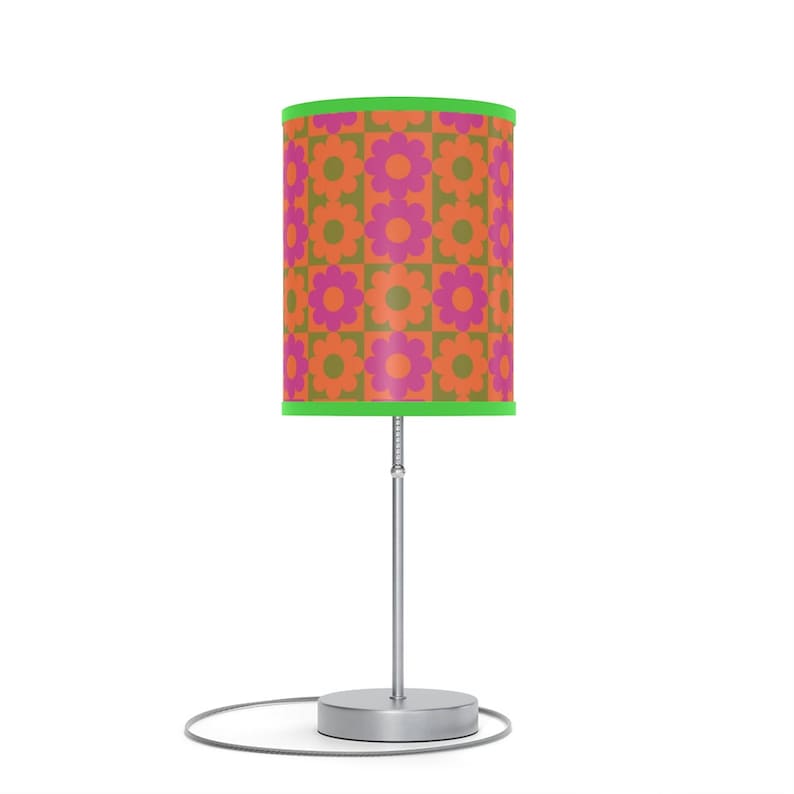 Retro hippie print table lamp 60s groovy flower print pink orange & green nightstand lamp or desk lamp funky hippie flower print lamp gift image 9