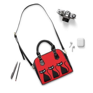 Retro Purse Red Atomic Black Cats Shoulder Handbag Mid Century Modern Mod Cat Pattern immagine 5