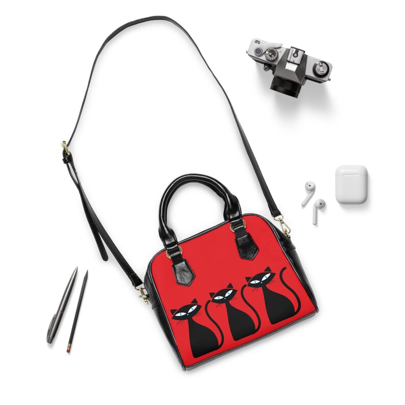 Retro Purse Red Atomic Black Cats Shoulder Handbag Mid Century Modern Mod Cat Pattern immagine 5