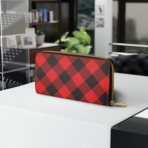 Cartera de mujer con estampado de cuadros de búfalo negro y rojo con cremallera regalo para su look de diseñador Cartera Regalo de piel sintética sin crueldad para mujeres