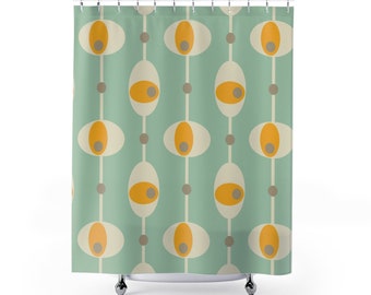 Retro geometric print 71x74 Shower Curtain vintage vibe style mustard and green shower curtain swinging 60s design funky housewarming gift