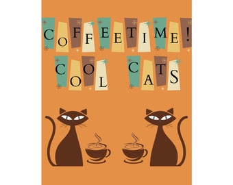 Coffee Cats Art Print: Funky Mod Kitchen Wall Decor