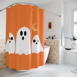 Shower curtain for Halloween home gift orange with white ghost Halloween decoration shower curtain funny ghost Halloween bathroom decor gift