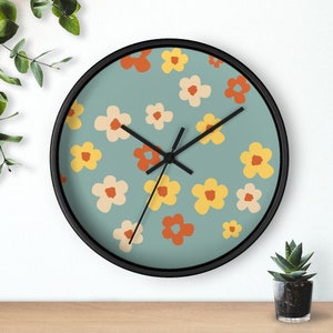 Retro print wall clock round 10 inch Wall kitchen clock with 60s hippie flower print funky retro wall art housewarming hanging clock gift