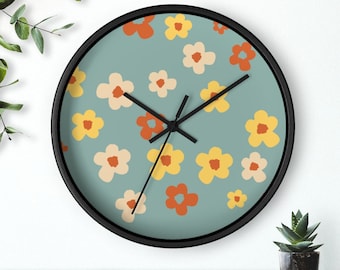 Retro print wall clock round 10 inch Wall kitchen clock with 60s hippie flower print funky retro wall art housewarming hanging clock gift