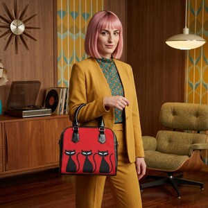 Retro Purse Red Atomic Black Cats Shoulder Handbag Mid Century Modern Mod Cat Pattern immagine 4