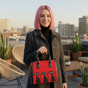 Shoulder Handbag red with  Atomic black cat print gift for her retro mod cat print carry all bag cat lover gift idea hip cat print purse
