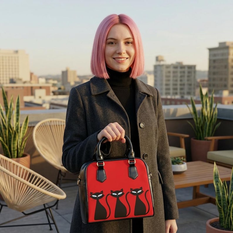 Shoulder Handbag red with  Atomic black cat print gift for her retro mod cat print carry all bag cat lover gift idea hip cat print purse