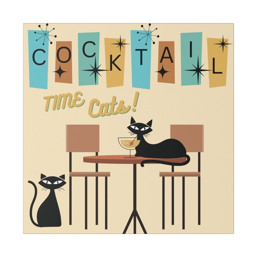 Mid Century Atomic Cat Canvas: Retro Cocktail Bar Cart Art - Etsy