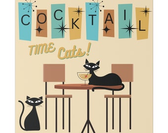 Mid Century Atomic Cat Canvas: Retro Cocktail Bar Cart Art