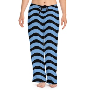 May include: Blue and black striped pajama pants with a drawstring waist.