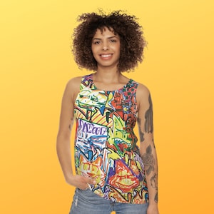 Pop Art Unisex Tank Top: Colorful Cartoon Print, Artsy Gift
