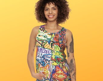 Camiseta unisex de tirantes Pop Art: estampado de dibujos animados coloridos, regalo artístico