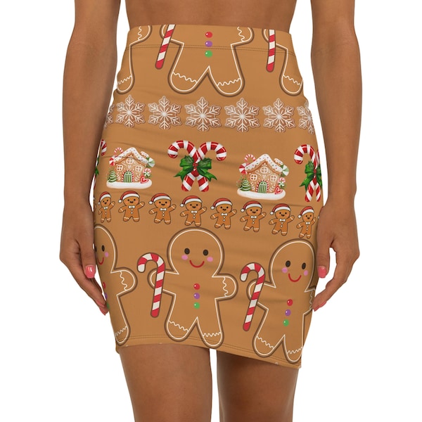 Gingerbread Print Pencil Skirt: Women's Christmas Holiday Party Apparel