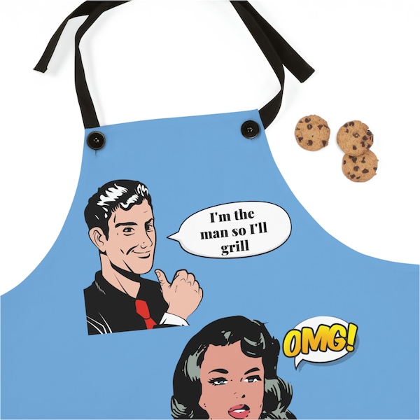 Retro BBQ Apron for him funny mid century themed cooking apron cooking baking smock funny kitchen gift mom or dad gift funny gift for him