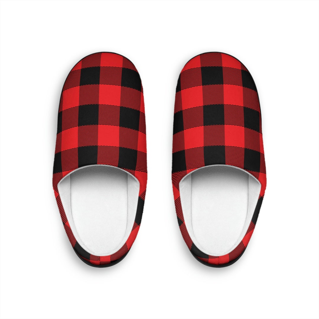 Buffalo Check Fleece Slippers: Red Black Plaid Print House Shoes - Etsy