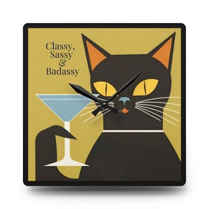 Retro Cocktail Cat Wall Clock: Acrylic Bar Sign, Kitchen Art