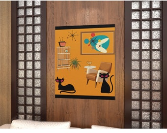 May include: A mid-century modern style illustration of a living room with two black cats, a chair, a plant, a bookshelf, and a painting with a stylized atomic design. The background is a yellow-orange color.