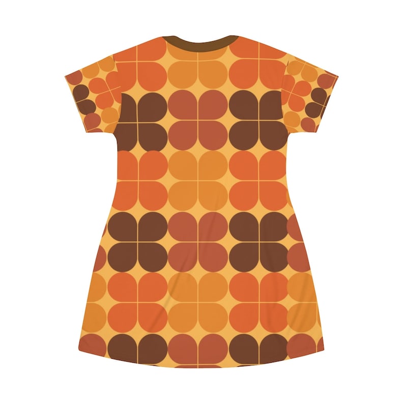 Retro Print Tee Shirt Dress Vintage Geometric Orange Pattern Groovy 60s