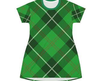 Green Plaid Christmas T-Shirt Dress: Holiday Party Mini Dress Green Plaid Christmas T-Shirt Dress: Holiday Party Mini Dress