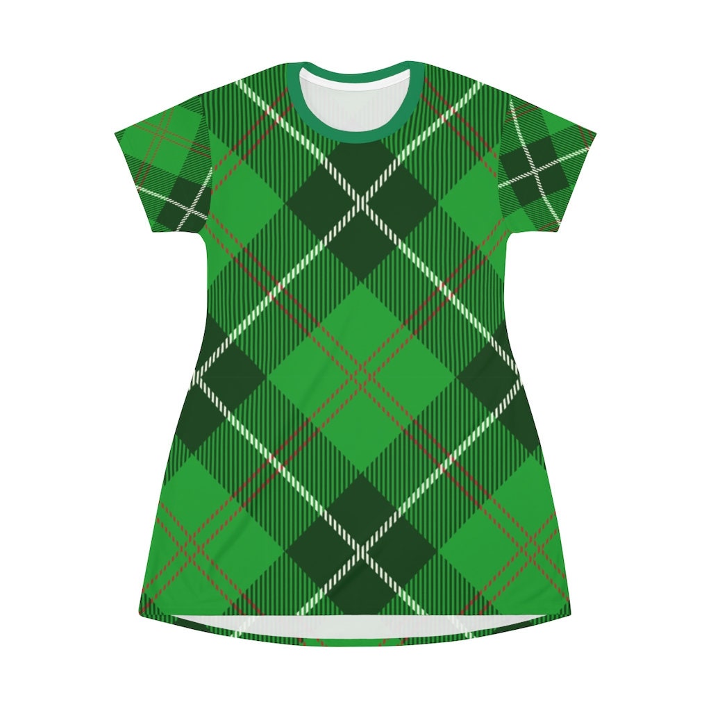 Green Plaid Christmas T-Shirt Dress: Holiday Party Mini Dress